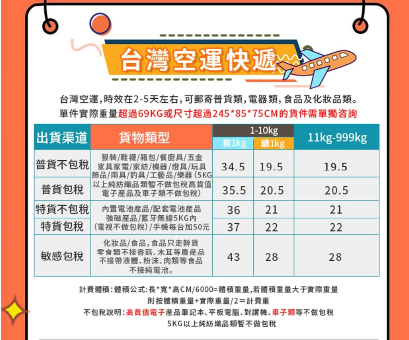 转瞬达台湾空运快递价格表