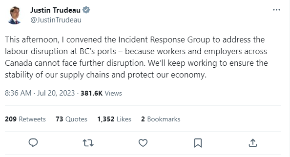 加拿大总理贾斯汀·特鲁多推特发文